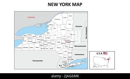 Mappa di New York. Mappa politica di New York con confini di colore bianco. Illustrazione Vettoriale