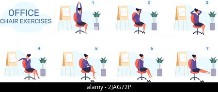 Sedia da ufficio per allenamento. Yoga stretch excercice, seduta esercizi rompere il lavoro d'affari, business woman fitness meditazione, stretching flessibile schiena, illustrazione vettoriale. Allenamento corpo e yoga esercizio Illustrazione Vettoriale