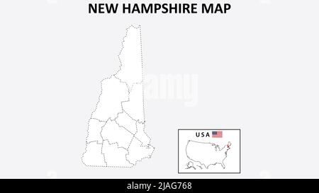 Mappa del New Hampshire. Mappa dello stato e del distretto del New Hampshire. Mappa politica del New Hampshire con contorno e disegno in bianco e nero. Illustrazione Vettoriale