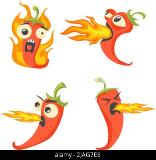 Peperone bruciante carattere. Cartoon divertente peperoncini piccanti, bruciare i personaggi peperoncini diversi fuoco-respirazione jalapeno fiamma rosso mascotte per salsa piccante chiara illustrazione vettoriale. Peperoncino divertente caldo Illustrazione Vettoriale