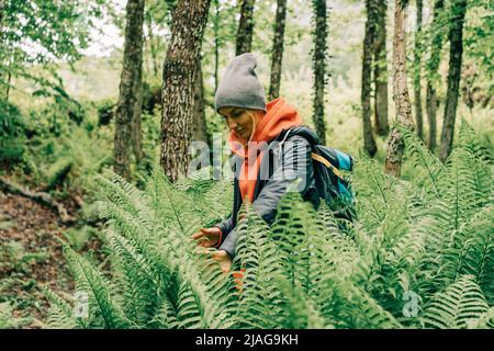 Giovane donna escursionista che si fa strada attraverso le felci nella foresta Foto Stock