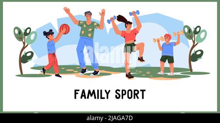 Modello di banner per lo sport di famiglia e l'attività all'aperto con madre, padre e bambini che fanno sport insieme, illustrazione vettoriale cartoon piatta isolato sopra Illustrazione Vettoriale