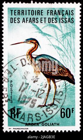 AFARS E ISSAS - CIRCA 1975: Un francobollo stampato in Afars e Issas mostra Goliath Heron, Ardea Goliath, Bird, circa 1975 Foto Stock