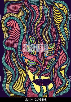 Psichedelico surreale bello antantropomorfo volto ragazza. Vettore disegno a mano illustrazione con donna fantastica. Illustrazione Vettoriale