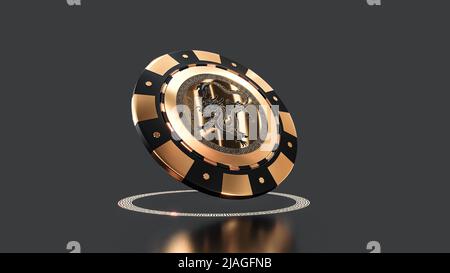 Casino chips e su sfondo nero scuro - rendering 3D. Chip di poker volante per casinò online e applicazioni di gioco mobile, poker - vincitore, ricchezza Foto Stock