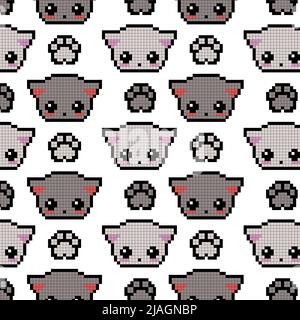 Cute 8 bit pixel gatti su sfondo bianco. Modello senza interruzioni. Divertente illustrazione vettoriale infantile per carta da parati, imballaggio, striscioni, inviti Illustrazione Vettoriale