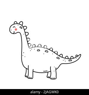 Carino dinosauro sorridente isolato su sfondo bianco. Illustrazione vettoriale disegnata a mano in stile doodle. Perfetto per carte, logo, decorazioni. Personaggio cartoon. Illustrazione Vettoriale