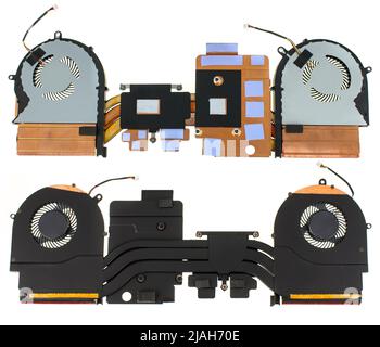 Sistema di raffreddamento per un computer portatile, un ventilatore e un radiatore, visto da due lati, su uno sfondo bianco isolato Foto Stock