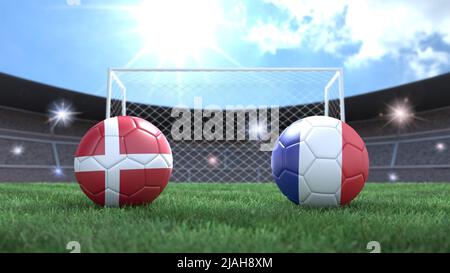 Due palline da calcio nei colori delle bandiere sullo sfondo sfocato dello stadio. Danimarca e Francia. immagine 3d Foto Stock