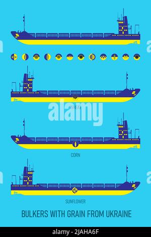 Serie di icone di navi da carico secche per il trasporto di cereali alla rinfusa e icone di grano, mais, girasole nei colori della bandiera Ucraina. Costruttore f Illustrazione Vettoriale