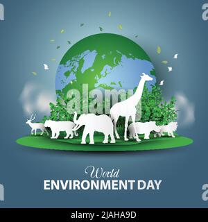 happy world ambiente e giorno della terra. grande mappa del mondo con animali. disegno vettoriale Illustrazione Vettoriale