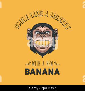Sorridi come una scimmia con una Nuova Banana. Vettore sorridendo Chimpanzee Ape con Banana in bocca. Progettazione di preventivi tipografici. Funny Monkey Head per Wall Art Illustrazione Vettoriale