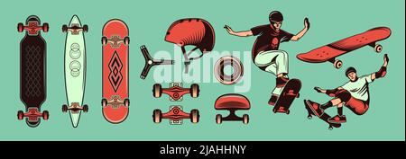 Skateboard colore disegnato a mano con ragazzi che cavalcano skateboard e diversi tipi di attrezzature sportive isolato vettore illustrazione Illustrazione Vettoriale