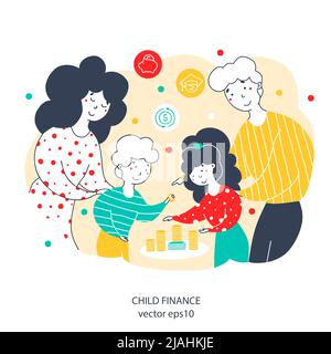 Bambini e genitori con denaro flat vettore illustrazione. Persone accatastare monete personaggi cartoni animati. La gestione familiare delle finanze isolato su bianco. E. Economica Illustrazione Vettoriale