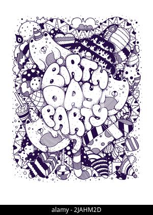 Carta compleanno Doodles, vintage cartoon scritta nera. Buon compleanno. Lavagna astratta. Modello festeggia compleanno. Cartoon nero Letterin Illustrazione Vettoriale
