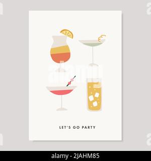 Set di bevande alcoliche a mano, cocktail con cubetti di ghiaccio, bolle e frutta. Vacanza estiva e festa in spiaggia, concetto anniversario. Vettore isolato Illustrazione Vettoriale