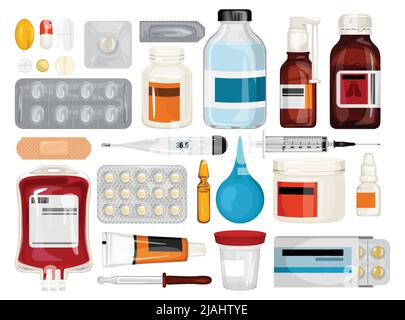 Farmaci sanitari Set di icone isolate con flaconi di sciroppo pillole termometri con pipetta e ampolle vaccino illustrazione vettoriale Illustrazione Vettoriale