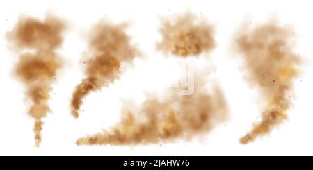 Nuvole di polvere realistiche isolate su sfondo bianco. Tempesta di sabbia con particelle di sporco, aria marrone sporca inquinata, smog. Illustrazione vettoriale Illustrazione Vettoriale