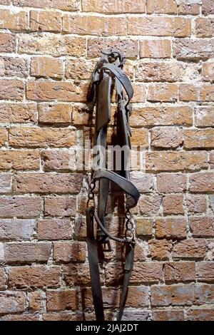 Un vecchio cavallo Bridle appeso su un muro di mattoni Foto Stock