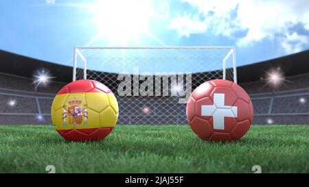 Due palline da calcio nei colori delle bandiere sullo sfondo sfocato dello stadio. Spagna e Svizzera. immagine 3d Foto Stock