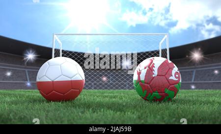 Due palline da calcio nei colori delle bandiere sullo sfondo sfocato dello stadio. Polonia e Galles. immagine 3d Foto Stock