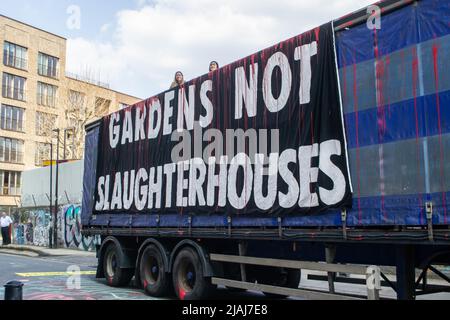 HACKNEY, LONDRA, INGHILTERRA- 23 marzo 2022: I manifestanti della ribellione animale sedevano sopra un camion che lasciava Kedassia abattoir a Hackney Foto Stock