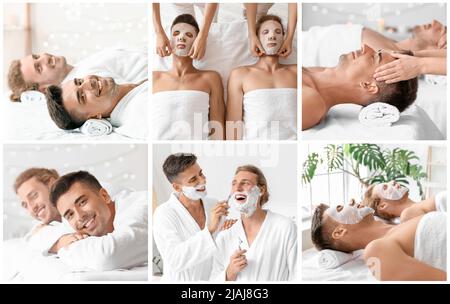 Collage con giovane coppia gay rilassarsi nel salone spa Foto Stock