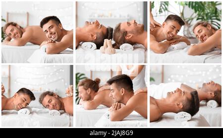 Collage con giovane coppia gay rilassarsi nel salone spa Foto Stock