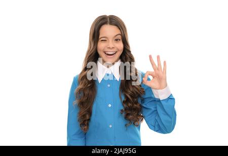 winking bambino lungo ricci capelli isolati su bianco show ok gesto, bellezza Foto Stock