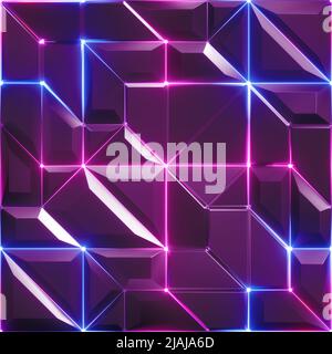 3d rendering, sfondo astratto viola sfaccettato, linee neon rosa blu scintillanti, texture geometrica moderna, concetto di cyber network, Foto Stock