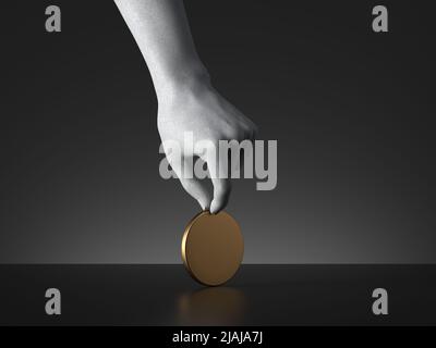 3d rendering, manichino mano che tiene bianco rotondo oro gettone o moneta o medaglia isolato su sfondo nero. Pagamento o metafora di fortuna. Foto Stock