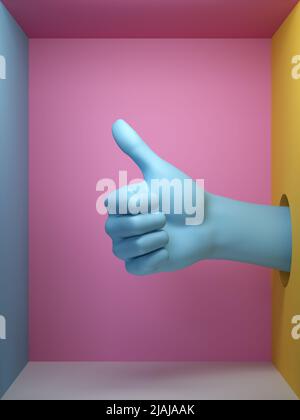 3d rendering, manichino femmina blu mano come gesto isolato su sfondo rosa, buco nella parete, pollice su, parti artificiali del corpo all'interno di scatola quadrata, Foto Stock