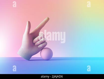 3d rendering manichino mano e palla, dito rivolto verso l'alto, gesto di direzione, isolato su sfondo pastello colorato, minimal moda concetto, Foto Stock
