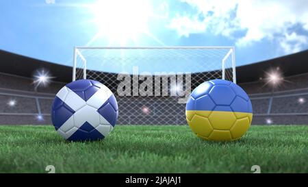 Due palline da calcio nei colori delle bandiere sullo sfondo sfocato dello stadio. Scozia e Ucraina. immagine 3d Foto Stock