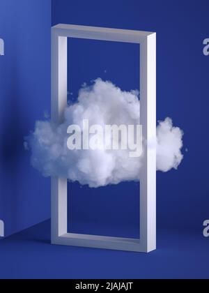 3d rendering, nuvola bianca e soffice che vola attraverso la cornice rettangolare. Interni minimal. Levitazione. Oggetti isolati su sfondo blu, Foto Stock