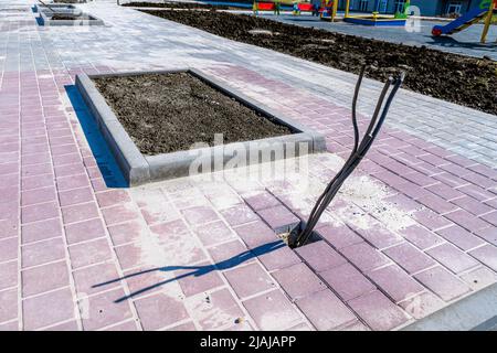 area pedonale coperta con lastre di pavimentazione cavi illuminazione pali e prato lungo il parco giochi, fuoco selettivo Foto Stock