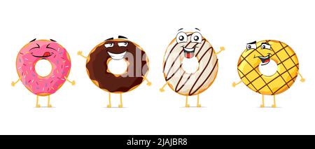 Set di personaggi animati di Donut divertente e sorridente. Collezione di mascotte colorate donut cute happy face. Vettoriale dolce pasticceria gioiosa comic emoticon eps illustrazione Illustrazione Vettoriale