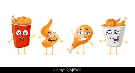 Pollo fritto croccante gamba e ala divertente sorridente set di personaggi cartoni animati. Carne di pollame arrosto cute viso felice mascotte espressione. Diversi pacchetti fast food secchio gioioso comic emoticon vettore eps Illustrazione Vettoriale