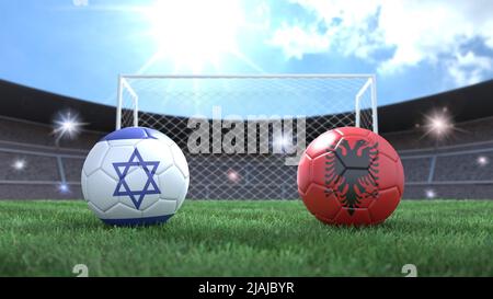 Due palline da calcio nei colori delle bandiere sullo sfondo sfocato dello stadio. Israele e Albania. immagine 3d Foto Stock