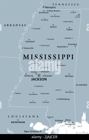 Mississippi, MS, mappa politica grigia con Jackson capitale, e grandi e importanti città. Stato nella regione sudorientale degli Stati Uniti. Foto Stock