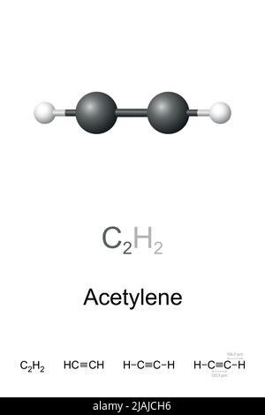Acetilene, etino, modello a sfera e bastone, formula molecolare e chimica. C2H2, idrocarburo e alchino più semplice. Foto Stock
