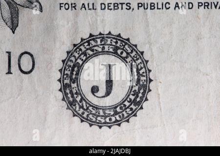 Banca della Federal Reserve di Kansas City, Missouri. Sigillo su una banconota da un dollaro Foto Stock