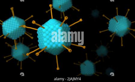 Illustrazione biomedica concettuale dell'adenovirus, su sfondo nero. Foto Stock