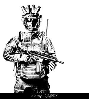 Ritratto di studio di un serviceman in maschera e dispositivo di visione notturna, armato con fucile a canna corta servizio. Foto Stock