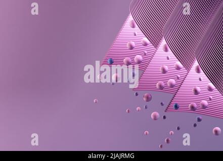 Spirale rosa con sfere fluttuanti casuali, illustrazione di 3D rendering, 3D sfere astratte Foto Stock