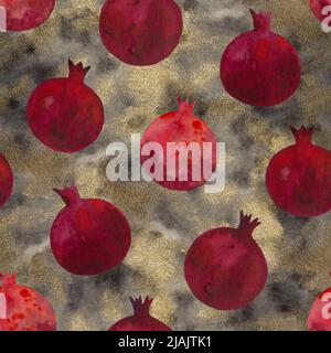 Texture dipinta a mano con melograni su lussuoso sfondo dorato scuro. Foto Stock