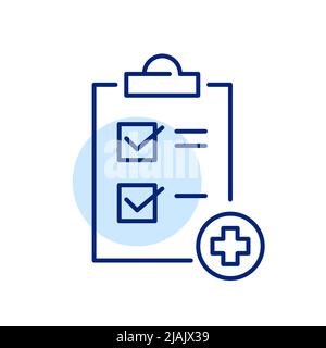 Elenco di controllo medico con segni di spunta. Check-up regolare o carta di registrazione ospedale. Pixel Perfect, icona grafica con linea di traccia modificabile Illustrazione Vettoriale