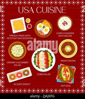 Menu di cucina USA, pasti americani per colazione e pranzo, vettoriale. Piatti della cucina americana, hot dog e patatine fritte con ketchup e senape, uova fritte con pancetta e toast Illustrazione Vettoriale