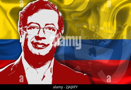 Gustavo Petro, la bandiera e lo stemma della Colombia Foto Stock