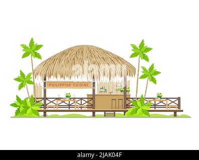 Ristorante di cucina filippina edificio vettoriale di spiaggia tropicale Tiki bar, capanna cafe o ristorante. Bungalow in bambù con tetto di paglia, tavoli e sedie in legno, banco bar, cartello e palme Illustrazione Vettoriale